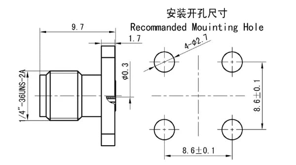 2.92mm Female RF Coaxial Connector – 4-Hole Flange Mount, Panel Socket, up to 40 GHz