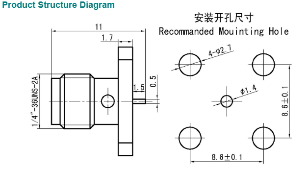 SMA Female RF Connector, 4-Hole Flange, PCB Microstrip Mount, Size 1.3× 0.5× 1.5 Cm