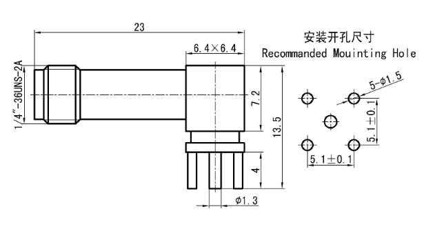 SMA Female RF Connector, Right Angle, PCB Mount Microstrip, Solder Type
