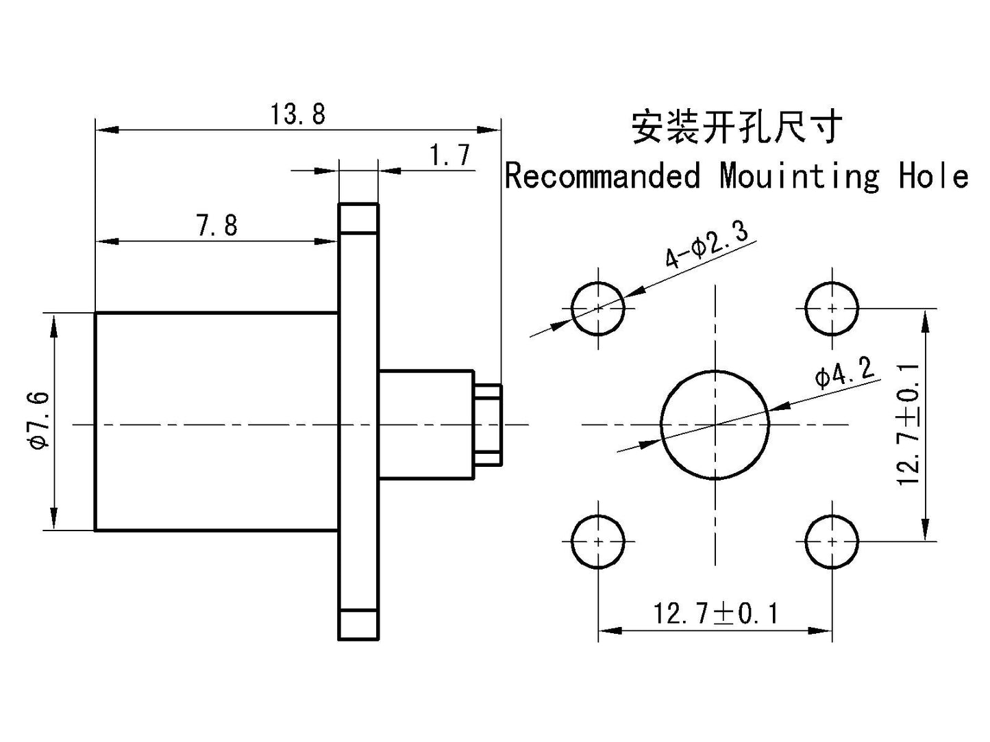 BMA Female RF Coaxial Connector – Flange Mount, Compatible With 1# Semi-Rigid / Semi-Flexible Cable