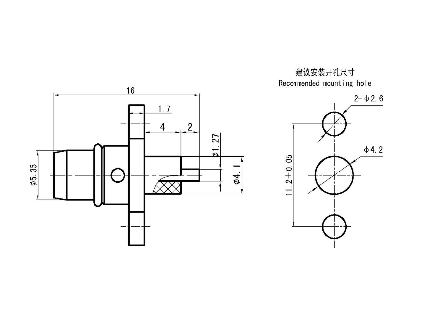 BMA RF Coaxial Connector – Straight Microstrip Type, Two-Hole Flange Mount