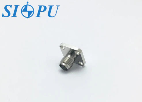 SMA Female RF Connector, 4-Hole Flange, PCB Microstrip Mount, Size 1.3× 0.5× 1.5 Cm, up to 18 GHz