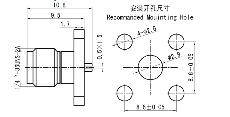 SMA Female RF Coaxial Connectors Flange Mount Receptacle